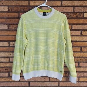 Boss Hugo Boss Medium Green and White Striped Crewneck Wool Blend Sweater